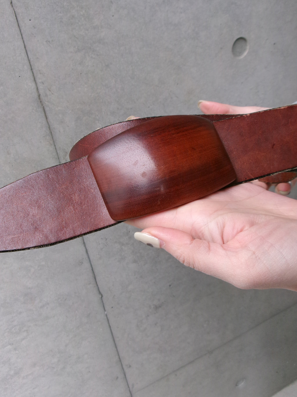 70s wood buckle cow leather belt