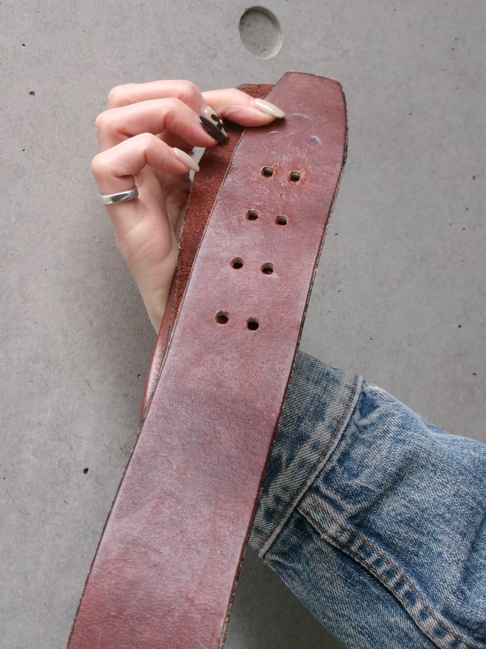 70s wood buckle cow leather belt