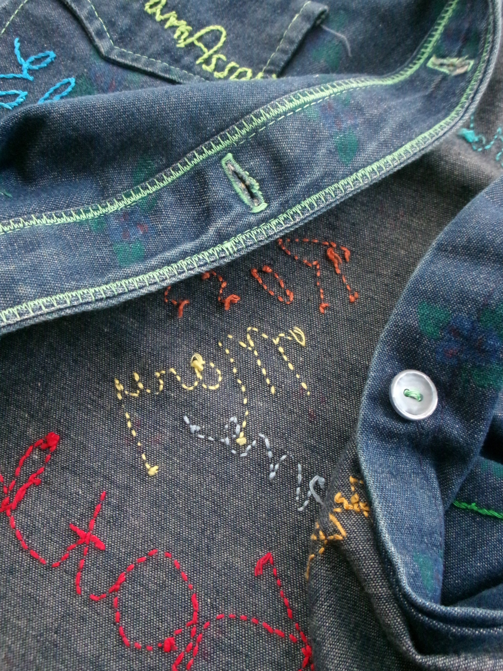 60s signature embroidery flower denim shirt