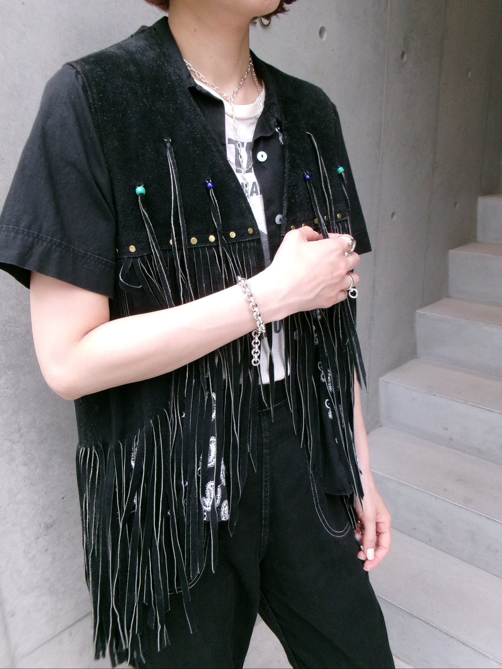 60s hippie beads leather fringe vest
