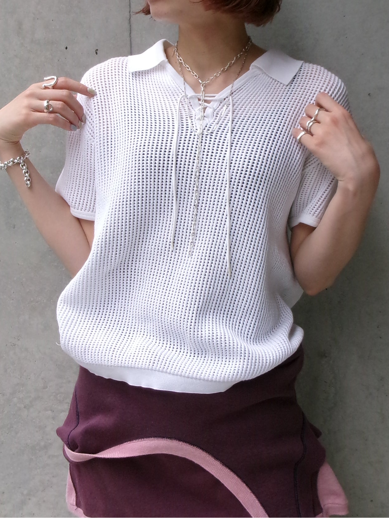 50s Eminence france made cotton lace up mesh polo shirt